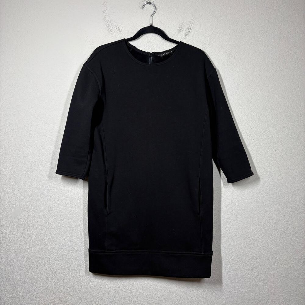 Athleta Size Small Cozy Karma Sweatshirt Dress Black Faux Leather Trim Back Zip